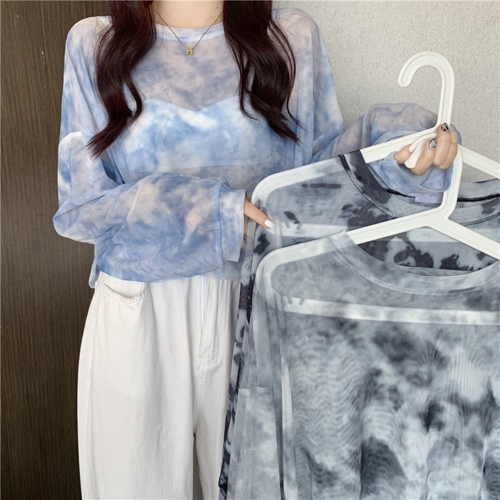 Damen transparenter Longsleeve-Oberteil mit modernem Tie-Dye-Muster Drune