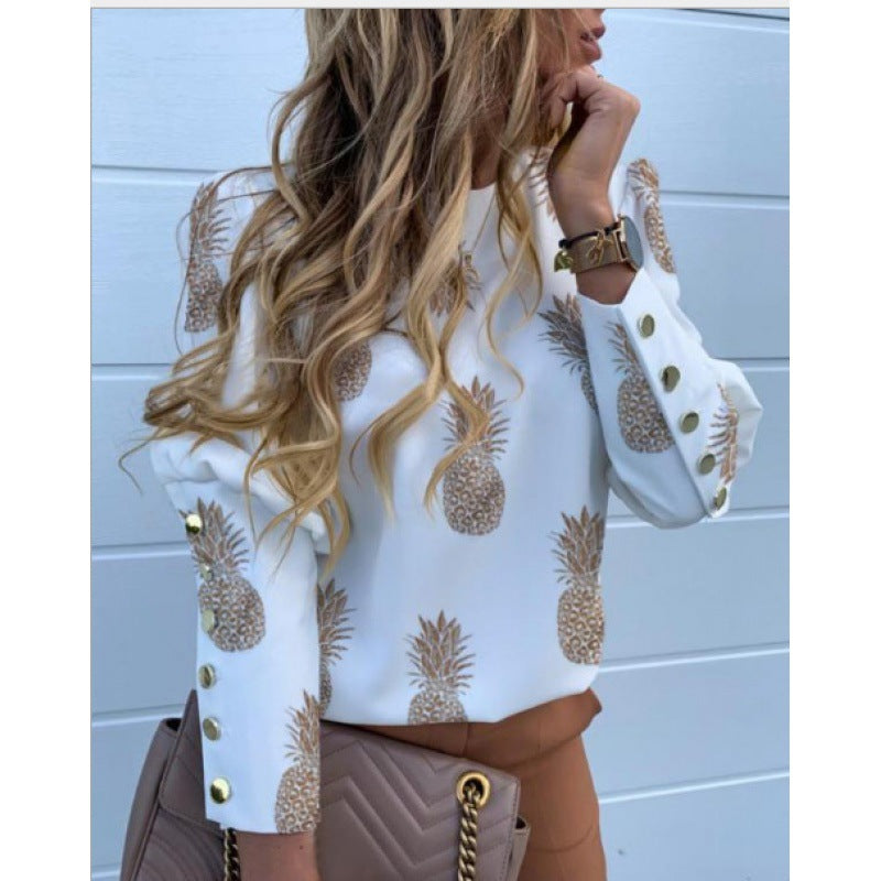 Damen Leichte Bluse mit Leopardenprint, Ballonärmeln und Zierknopfleiste Drune