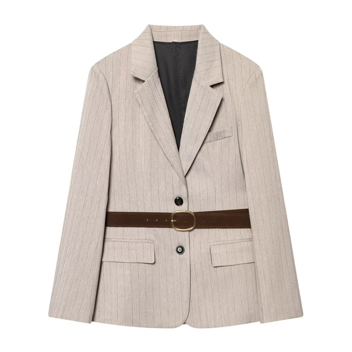 Damen Taillierter Nadelstreifen-Blazer mit Kontrastgürtel und Reverskragen Drune