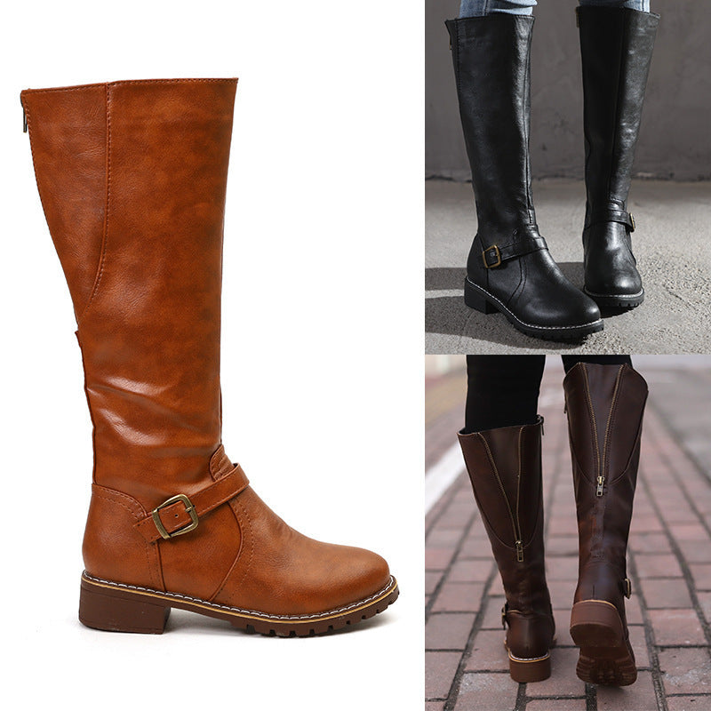 Damen Kniehohe Vintage-Bikerstiefel mit Blockabsatz und Zierspange Drune
