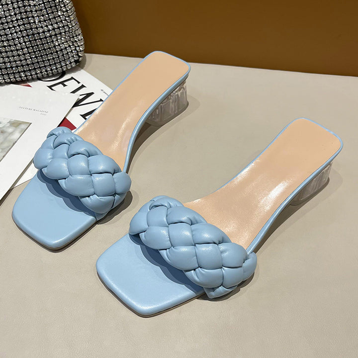 Damen Mules mit geflochtenem Riemen und transparentem Blockabsatz Drune