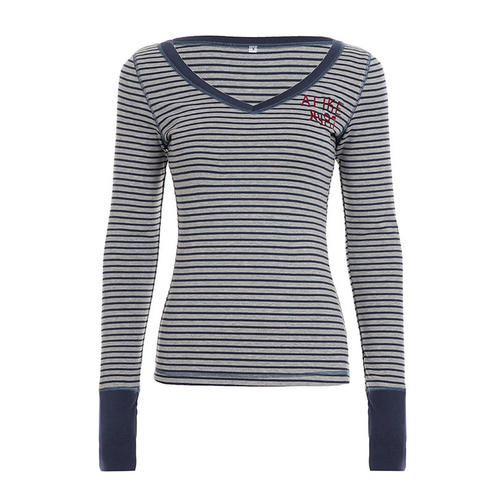 Damen nan gestreiftes V‑Ausschnitt Longsleeve mit taillierter Silhouette und verlängerten Bündchen Drune