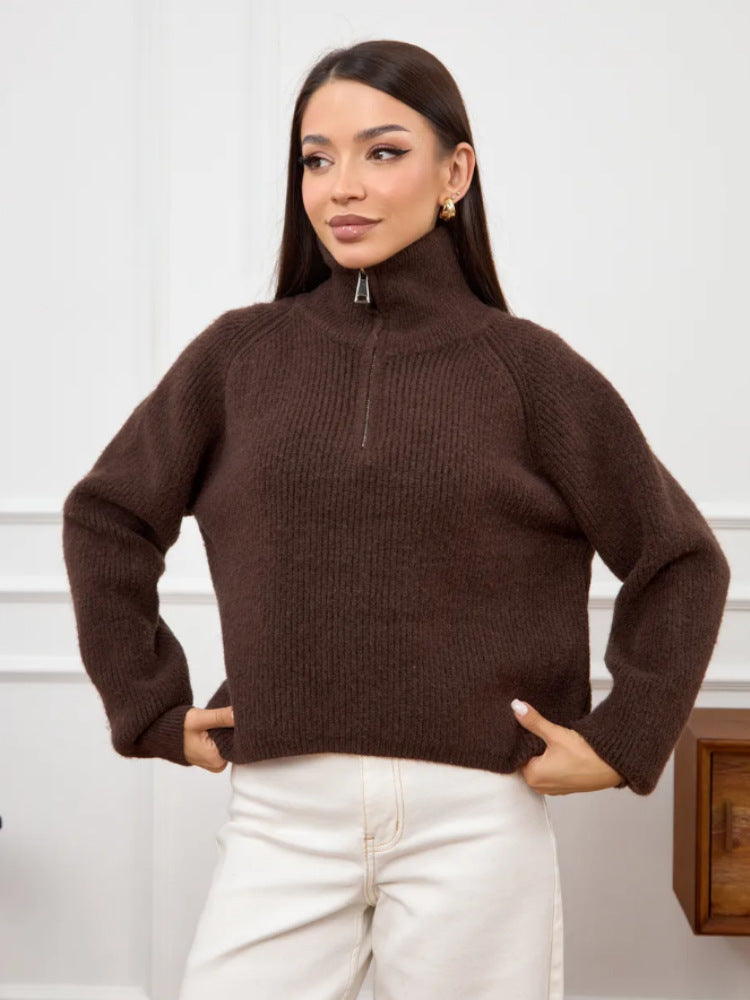 Damen Modischer Strickpullover mit Stehkragen und kurzer Reißverschluss Drune