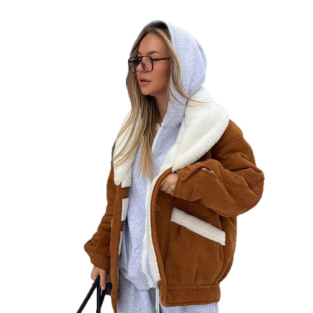 Damen Oversized Lammfellimitat Jacke mit großem Schalkragen Drune