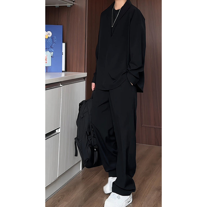 Herren nan locker geschnittenes zweiteiliges Freizeitset mit tiefem V-Ausschnitt Overshirt und weitem Bundfaltenhose Drune