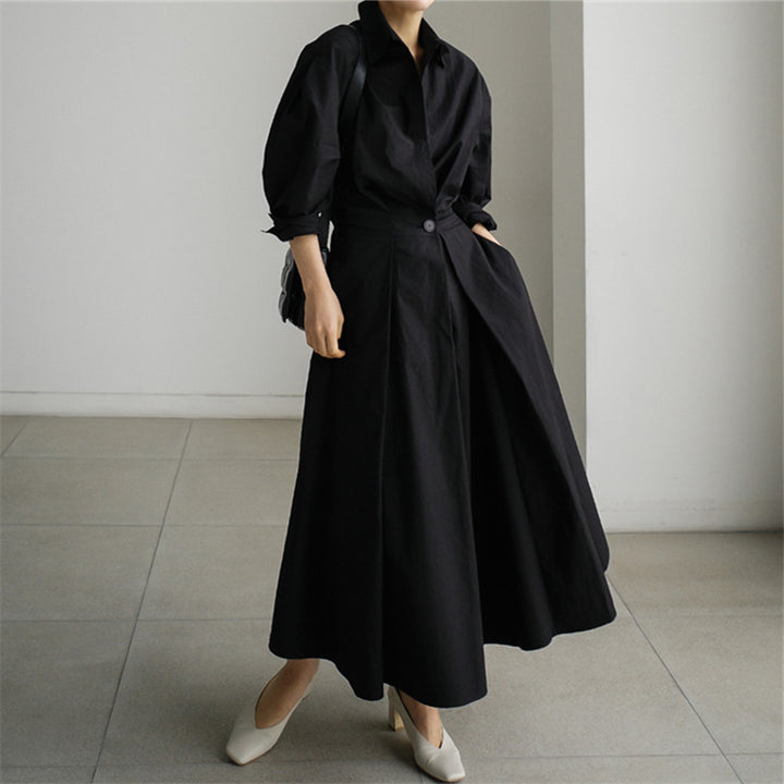 Damen Kragenblusenkleid mit taillierter Knopfleiste und weitem Faltenrock Drune