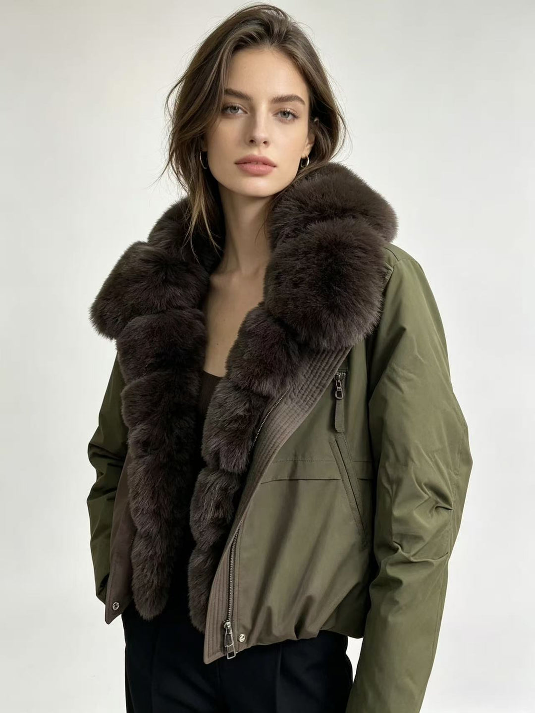 Damen nan taillierte Parka-Bomberjacke mit voluminösem Webpelzkragen und windabweisender Außenhülle Drune