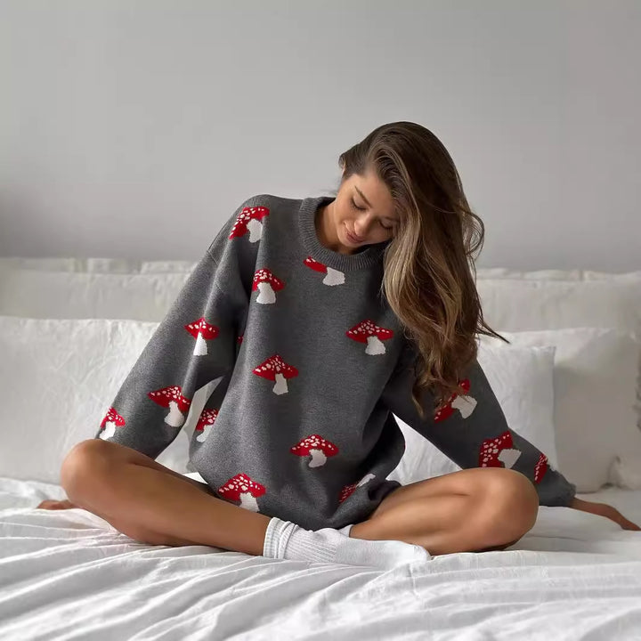 Damen weiter Strickpullover mit Pilzmotiv Rundhals Rippbündchen Drune
