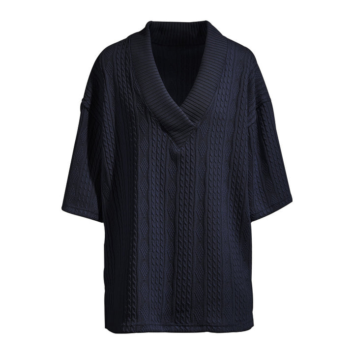 Damen nan weiter Kurzarm-Strickpullover mit Schalkragen und Zopfmuster Drune
