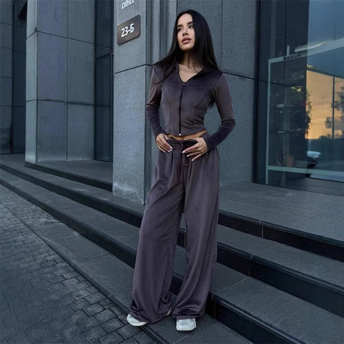 Damen Lounge-Set mit taillierter Kapuzenjacke und extraweiter Palazzo-Jogginghose Drune