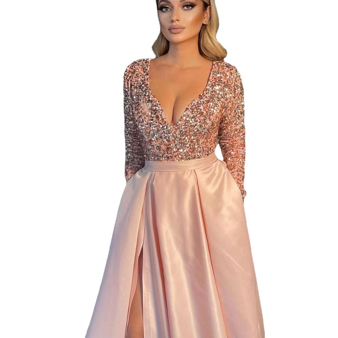 Damen Glamouröses Abendkleid mit tiefem V-Ausschnitt und schimmernden Pailletten Drune