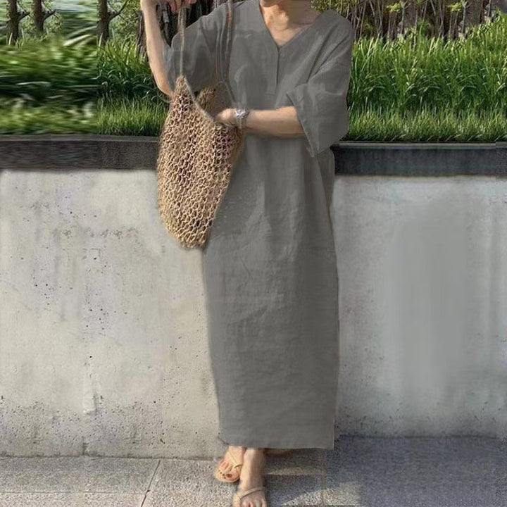 Damen Lässiges Leinen-Maxikleid mit V-Ausschnitt und Oversize-Relax-Fit Drune