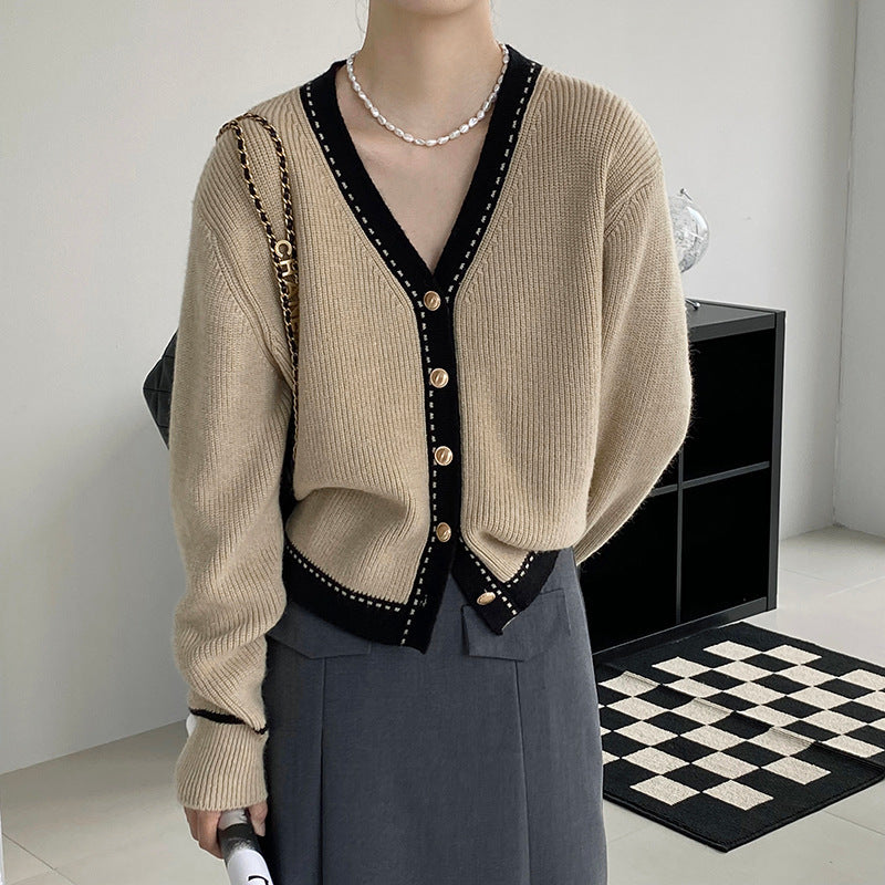 Damen Modische Strickjacke mit Kontrastdetails Drune