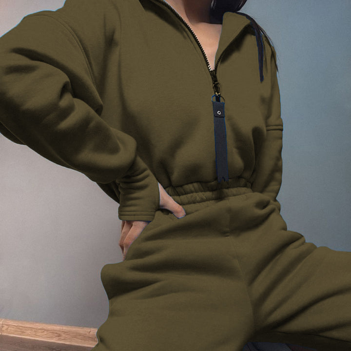 Damen taillierter Kapuzen-Jumpsuit mit elastischem Bund und markanten Kontrast-Reißverschlüssen Drune