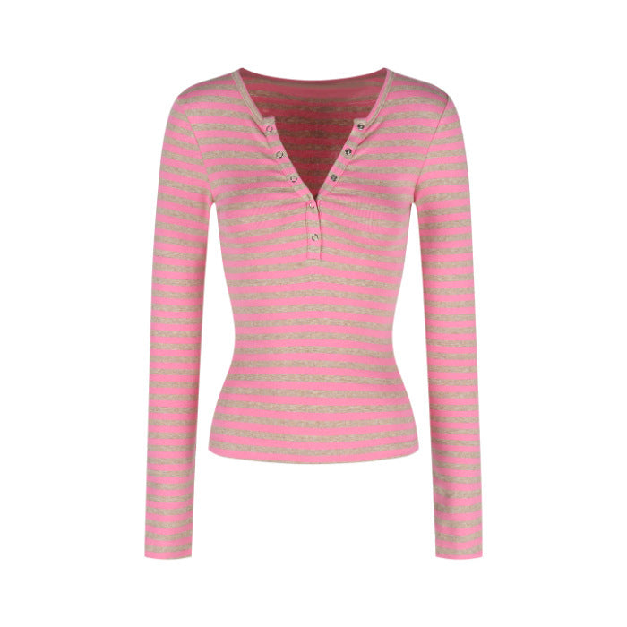 Damen Langarmshirt mit modernen Streifen und Knopfleiste Drune