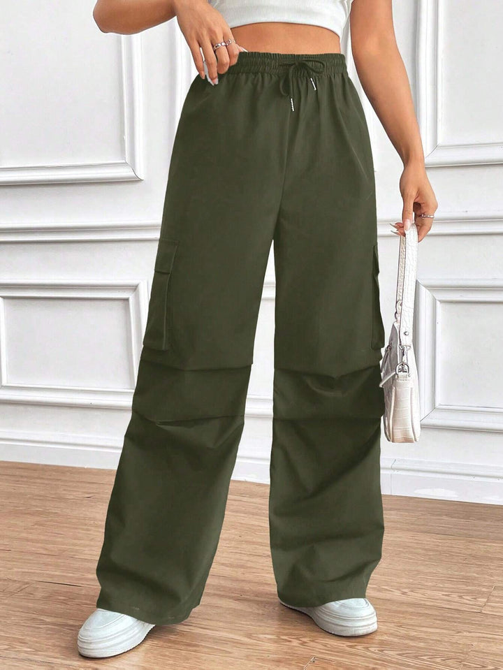 Damen Weite High‑Waist Cargo‑Hose mit Elastikbund und großen Klappentaschen Drune
