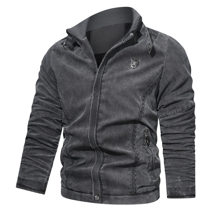 Herren lässige Canvas-Blousonjacke mit Stehkragen und Reißverschlusstaschen Drune