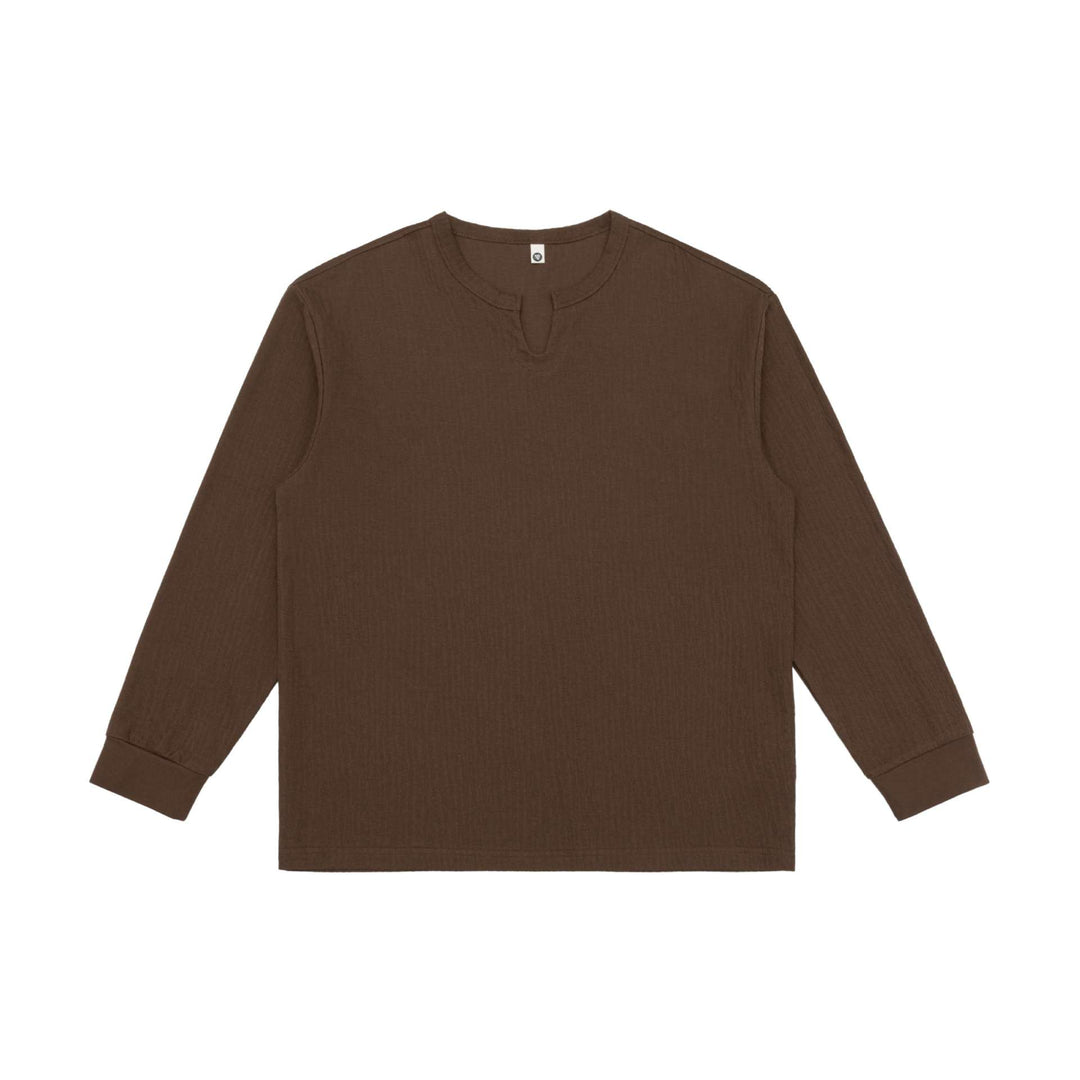 Unisex Leichtes Struktur-Langarmshirt mit Schlitzkragen und gerippten Bündchen Drune