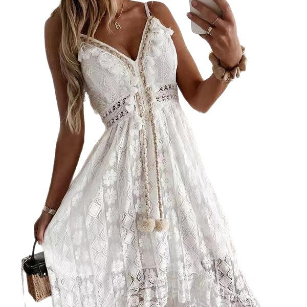 Damen Spitzen Maxi-Kleid mit zarten Häkel- und Rüschendetails Drune