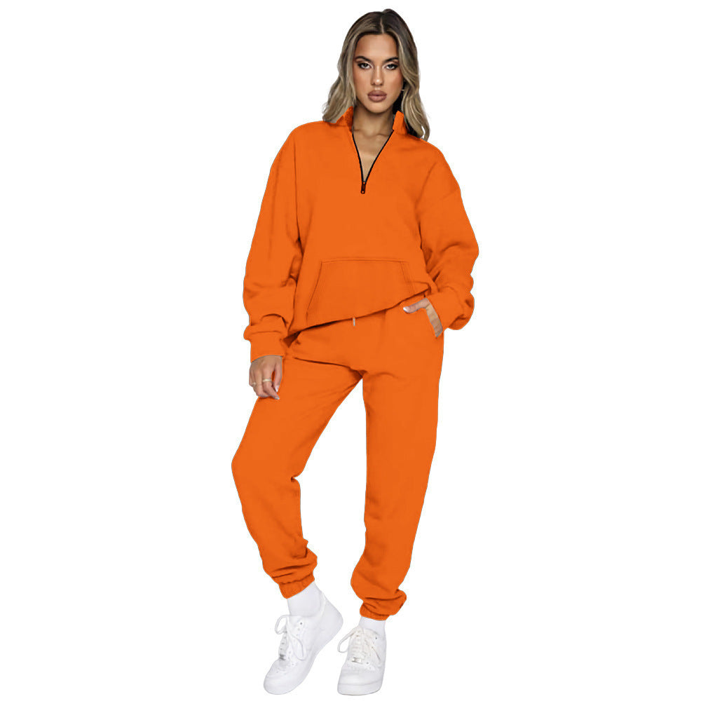 Damen nan French‑Terry Relax‑Loungewear‑Set mit halbem Reißverschluss, Kängurutasche und taillierter, schmal zulaufender Jogginghose Drune