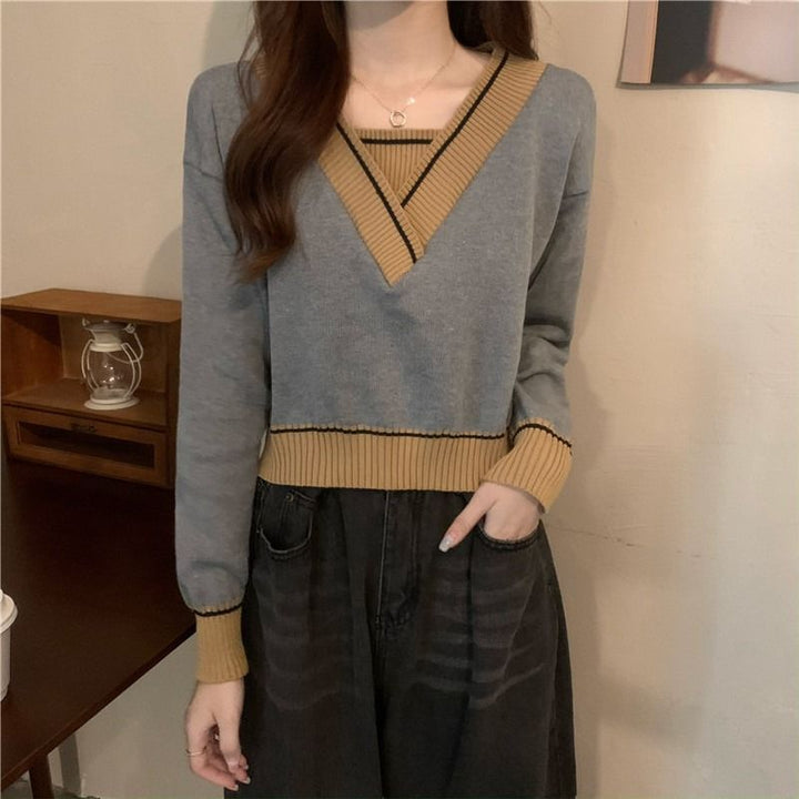 Damen modischer V-Ausschnitt Pullover mit Kontrastdetails Drune