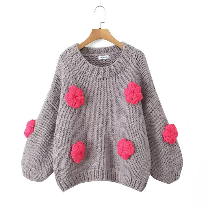 Damen gepunkteter Strickpullover mit voluminösen Ärmeln und floralem Design Drune