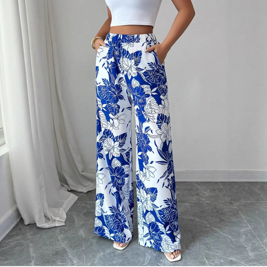 Damen Hochtaillierte Palazzohose mit floralem Design und seitlichen Taschen Drune