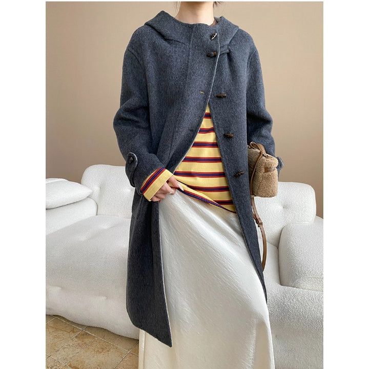 Damen eleganter Wollmantel mit hohem Kragen und Knopfdetails Drune