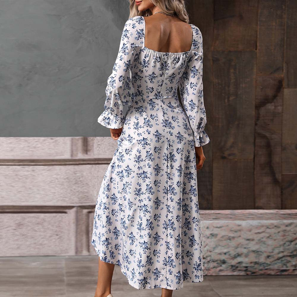 Damen Maxikleid mit floralen Mustern und tiefem V-Ausschnitt Drune