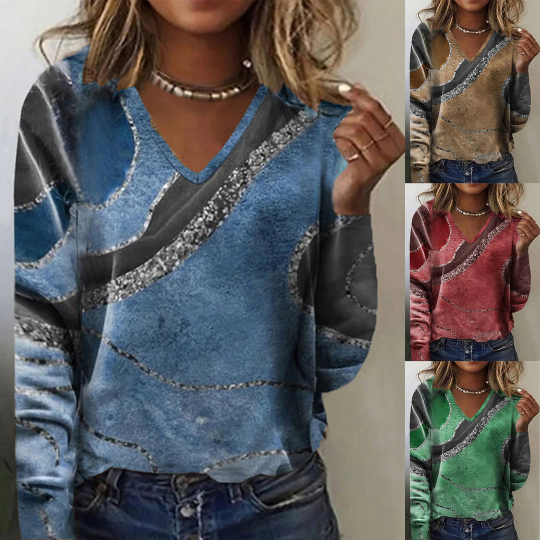Damen V-Ausschnitt Langarmshirt mit modernem Wellendesign Drune