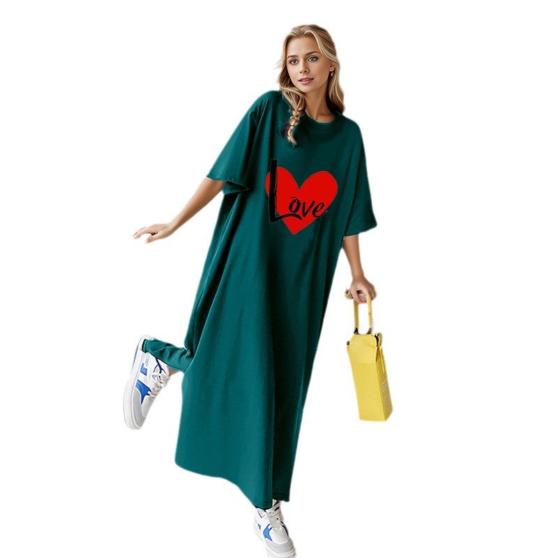 Damen nan locker geschnittenes Maxikleid mit großem Herzgrafikprint und Rundhalsausschnitt Drune