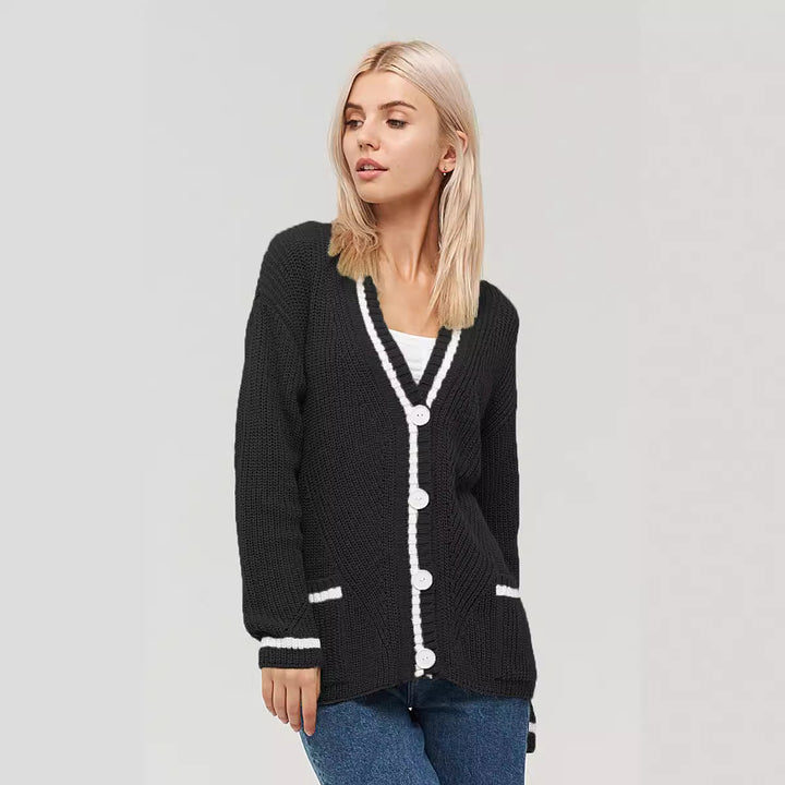 Damen gemütliche Strickjacke mit kontrastierenden Taschen und Knopfdetails Drune