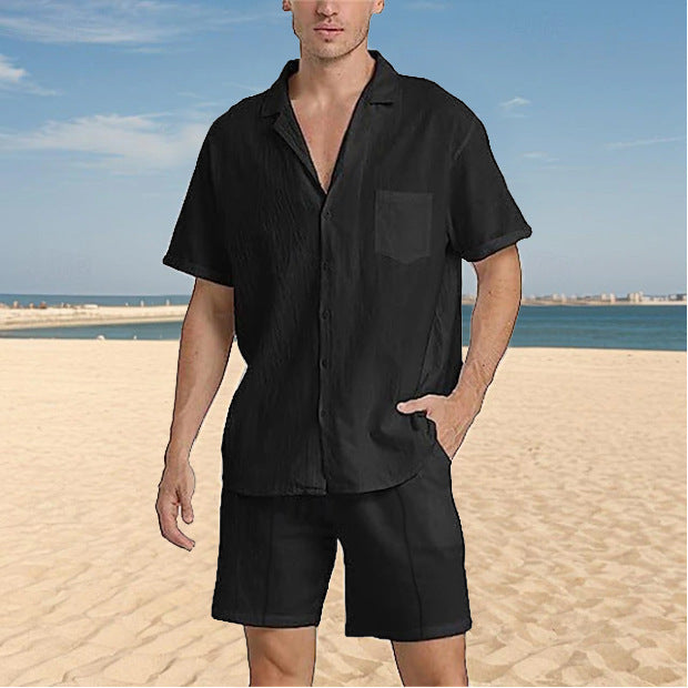 Herren lockeres Kurzarmhemd mit strukturiertem Design und passenden Shorts Drune