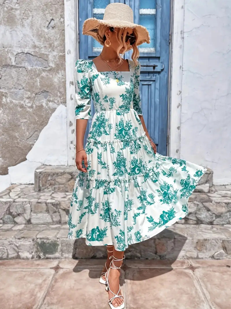 Damen Midikleid mit voluminösen Puffärmeln und floralem Design Drune