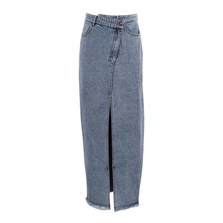 Damen Denim Maxi-Rock mit Schlitz und hohem Bund Drune