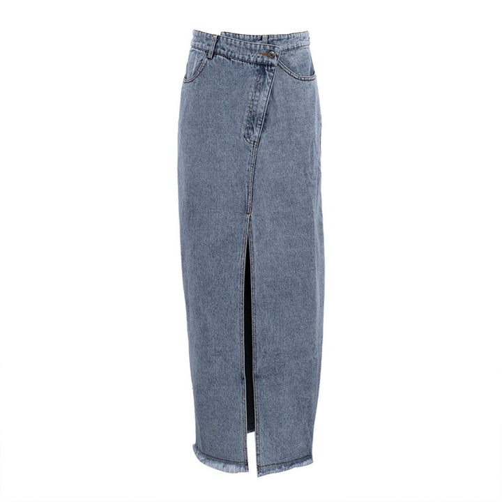 Damen Denim Maxi-Rock mit Schlitz und hohem Bund Drune