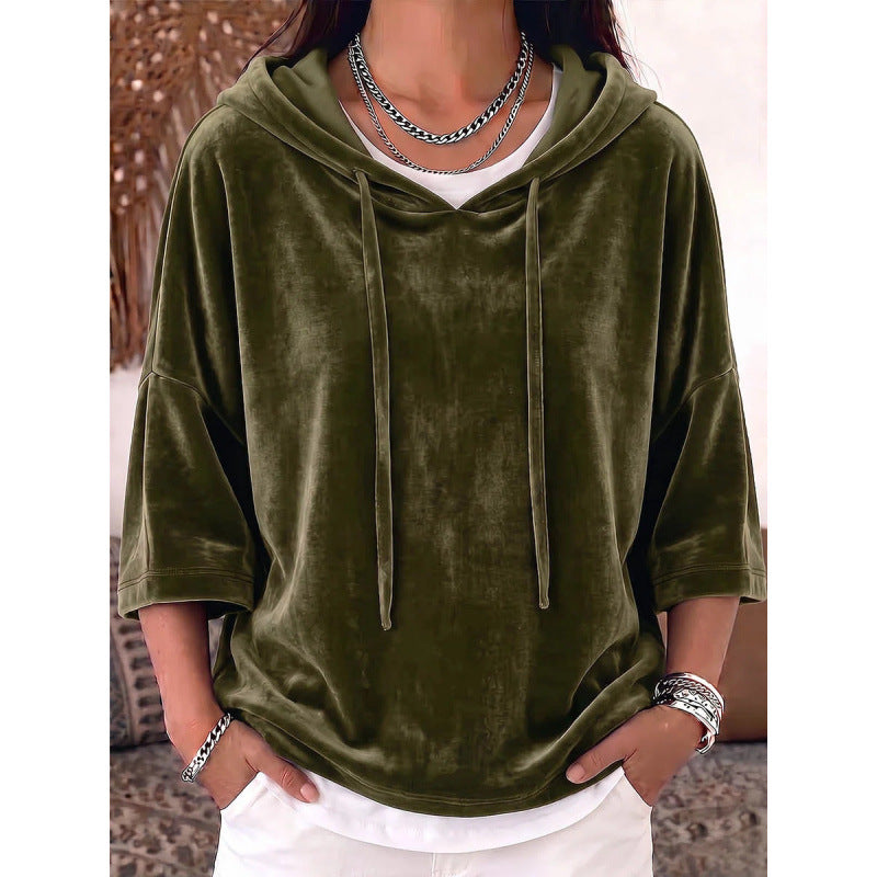 Damen Oversize Samt-Halbarm-Hoodie mit Kordelzug und Taschen Drune