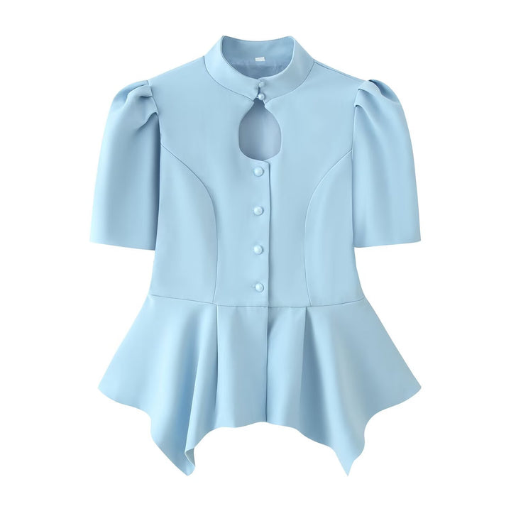 Damen Taillierte Bluse mit Stehkragen, Cut-Out-Ausschnitt und asymmetrischem Schößchen Drune