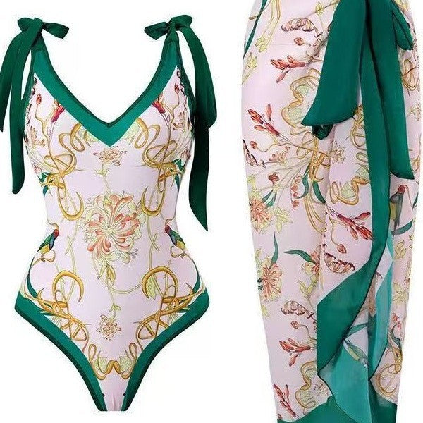 Damen Badeanzug mit floralem Design und transparentem Wickelrock Drune