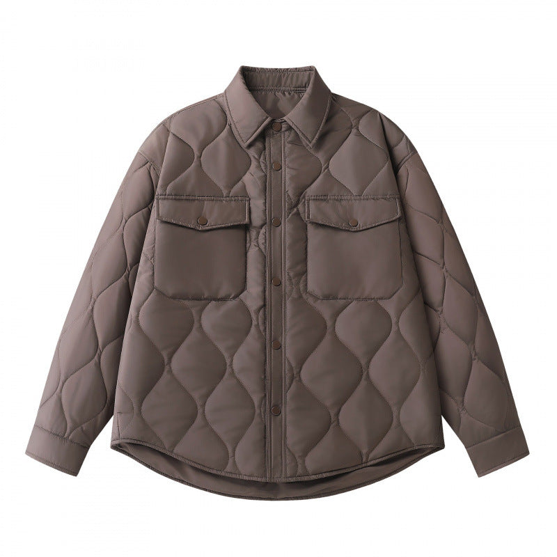Unisex Gepolsterte gesteppte Hemdjacke mit Pattentaschen und abgerundetem Saum Drune