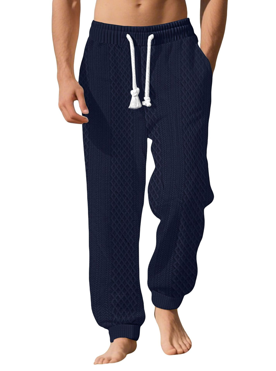Herren nan gestrickte Wohlfühlhose mit Zopfstruktur, elastischem Bund, Kordelzug und Eingrifftaschen Drune