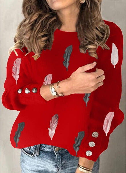 Damen Feinstrickpullover mit Federmotiv, Rundhalsausschnitt und dekorativer Knopfleiste Drune