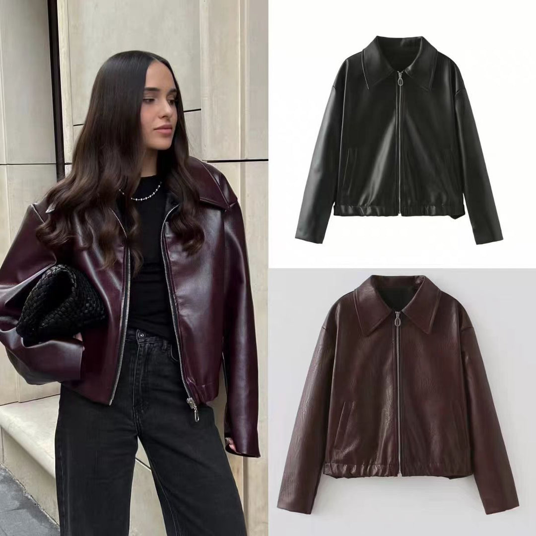 Damen modische Kunstlederjacke mit stylischem Kragen Drune