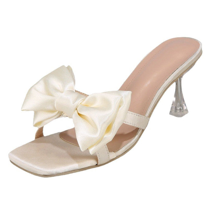 Damen High Heel Pantoletten mit eleganter Schleifen-Applikation und glitzerndem Absatz Drune