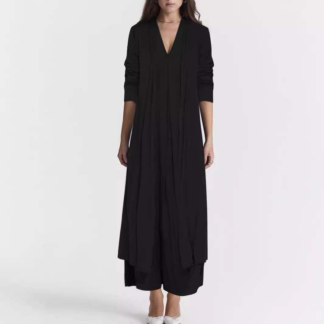 Damen Langer Offener Jersey-Cardigan mit Eingrifftaschen und fließender Drapierung Drune
