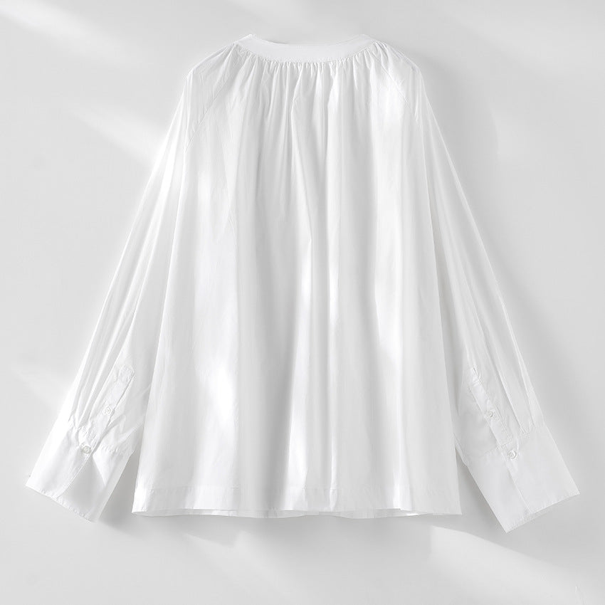 Damen Bluse mit gerafftem Rundhalsausschnitt und durchgehender Knopfleiste Drune