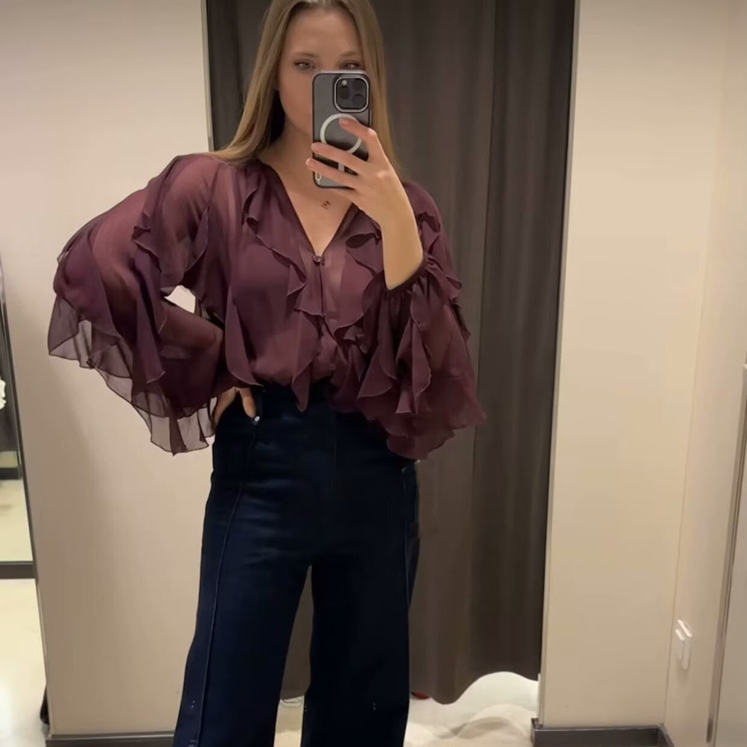 Damen nan transparente Chiffonbluse mit mehrlagigen Volants, weiten Ballonärmeln und durchgehender Knopfleiste Drune