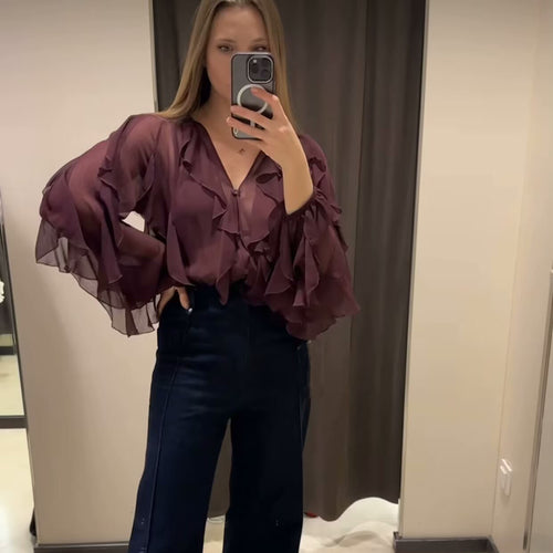 Damen nan transparente Chiffonbluse mit mehrlagigen Volants, weiten Ballonärmeln und durchgehender Knopfleiste Drune