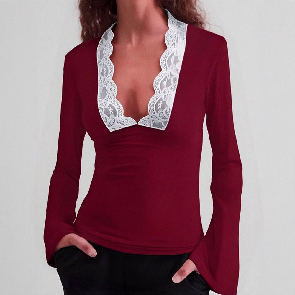 Damen Elegantes Langarm-Top mit Spitzenkragen Drune