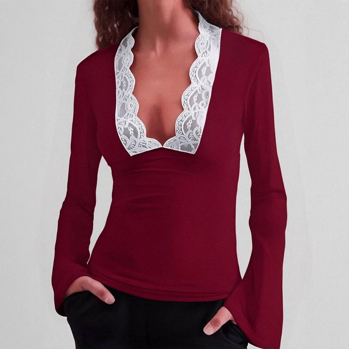 Damen Elegantes Langarm-Top mit Spitzenkragen Drune